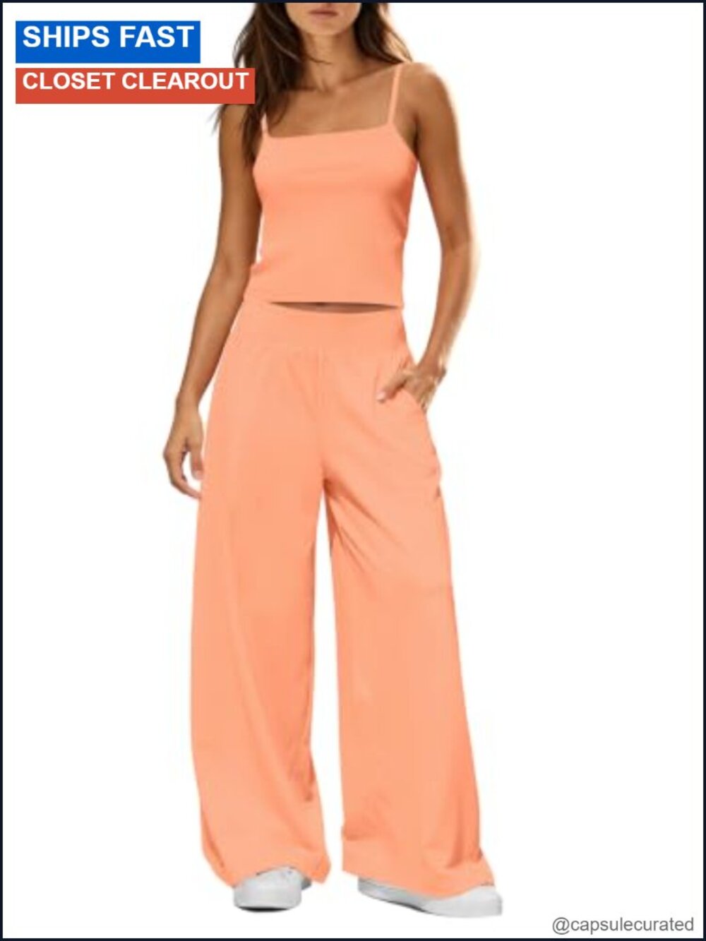 Women's 2 Piece Lounge Set Ribbed Tank Top & Wide Leg Pants with Built-in Bra
